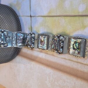 Elegant Silver Bracelet with Abalone Inlay Mexico Sterling